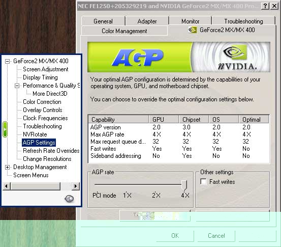 NVIDIA AGP settings window